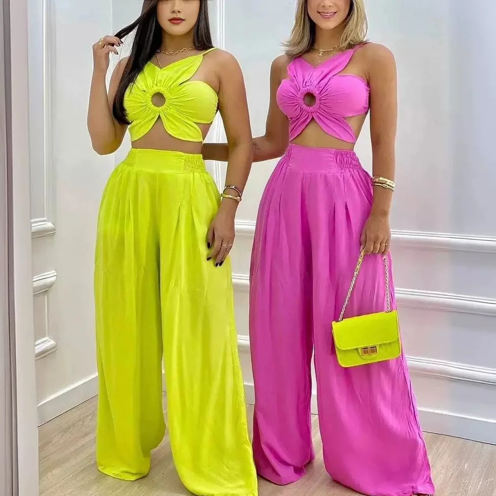 Floral Pattern Ruched Hollow Out Cami Top & Pants Set - Image 2