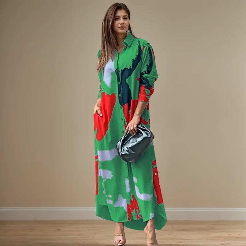 Fashion Sexy Side Split Turn Down Collar Shirt Long Dress Elegant Temperament Printed Long Sleeve Pocket Single Breasted Dress - Image 2