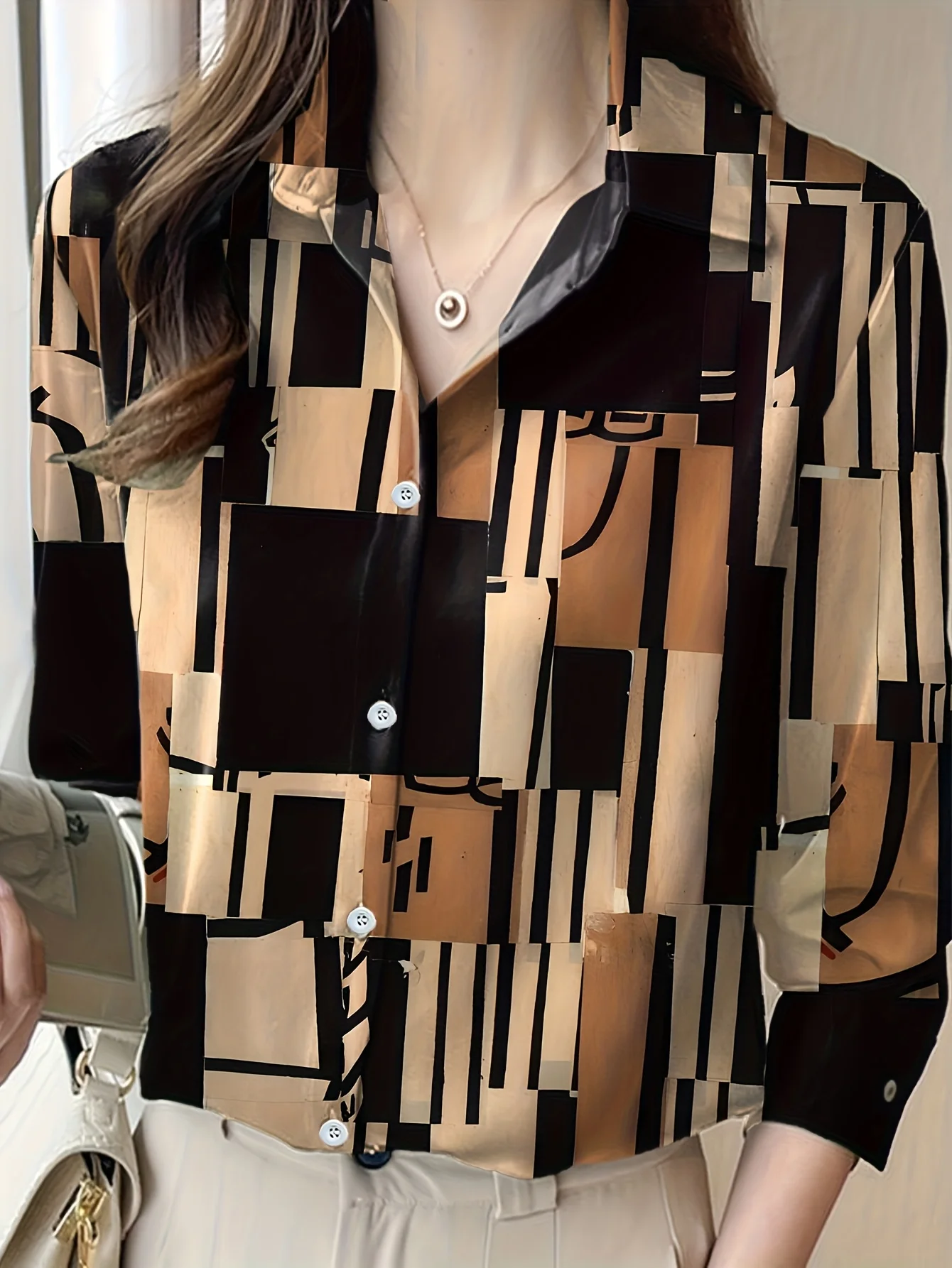 Boutique Ladies Lapel Button Shirt Elegant Temperament Long Sleeve Textured Design Shirt Ladies Daily Commuter Fashion Shirt - Image 3