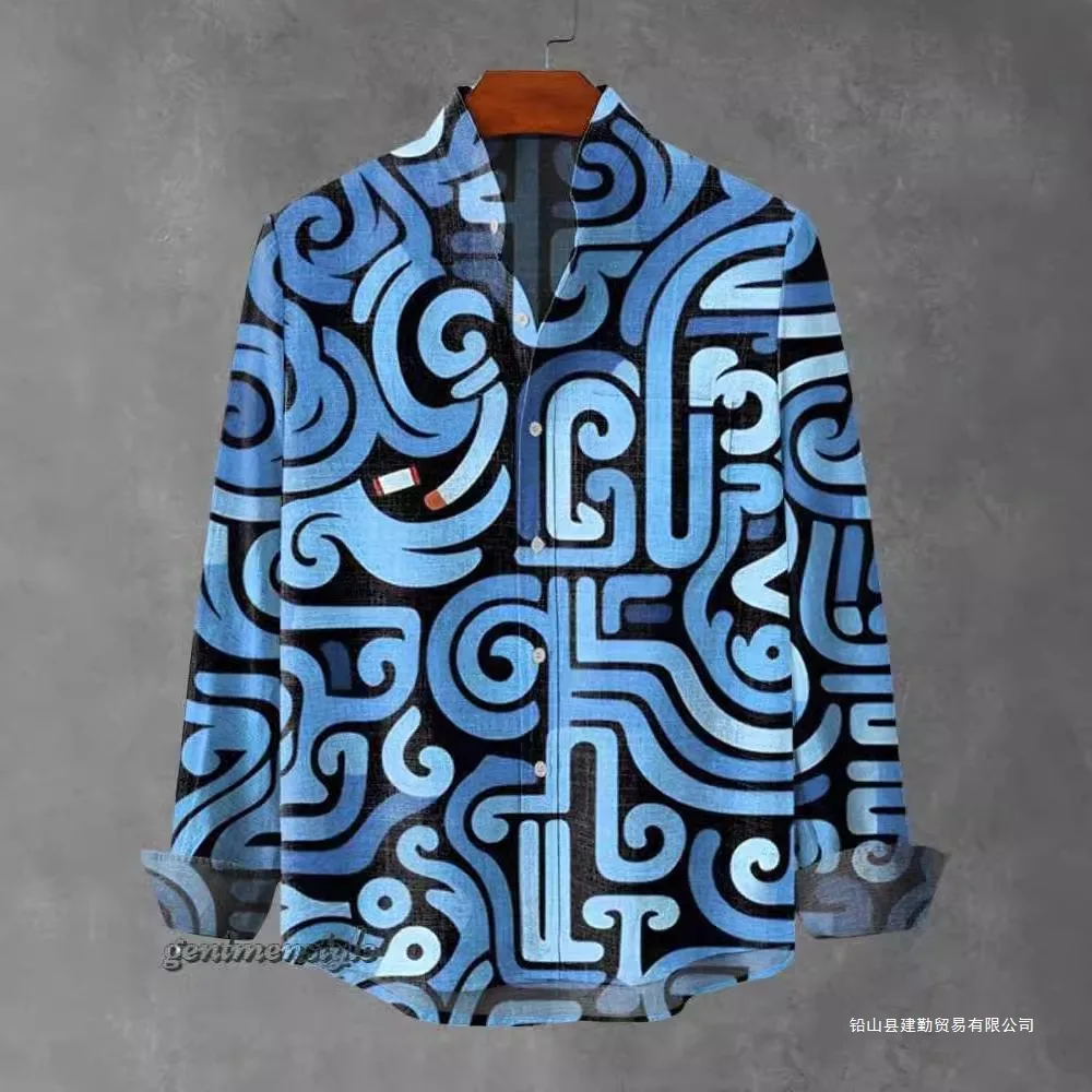 2025 Spring and Autumn Men's Fashion Stand collar Linen Long sleeved Shirt Elegant Fragmented Pattern Printed Top - Image 2