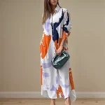 Fashion Sexy Side Split Turn Down Collar Shirt Long Dress Elegant Temperament Printed Long Sleeve Pocket Single Breasted Dress