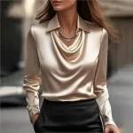 Elegant Women's Satin Shirt Blouse New Print V-neck Swing Neck Long-sleeved Solid Color Loose Shirt Casual Top Office Ladies