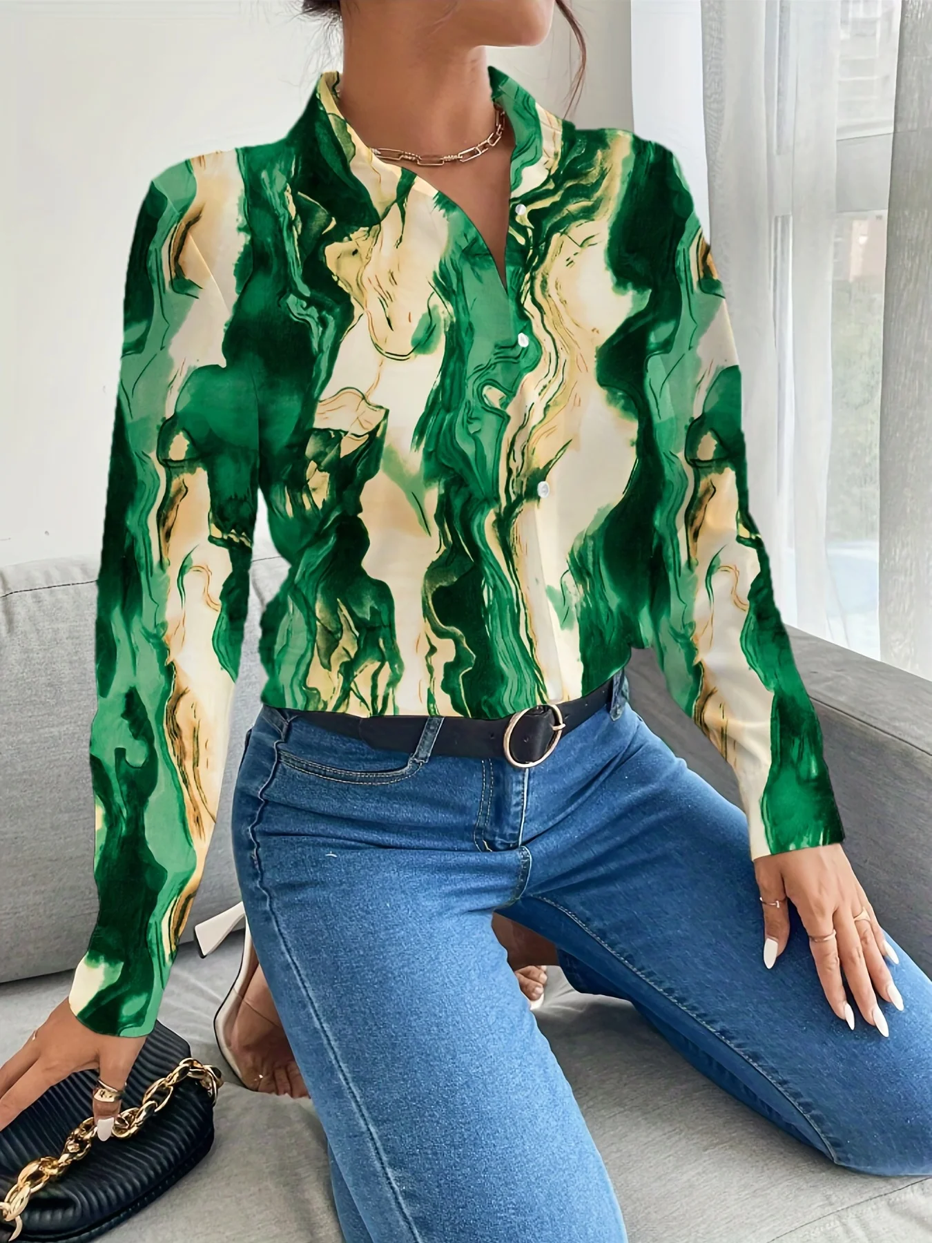 New Arrival Stylish Oil Painting Print Women's Shirt Top - Trendy Fashion Blouse - Image 3