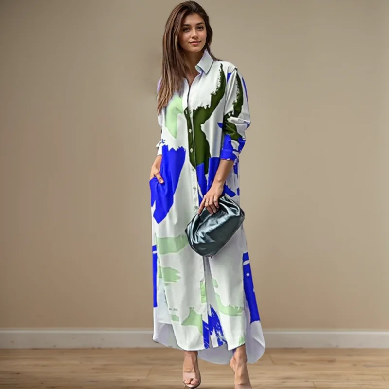 Fashion Sexy Side Split Turn Down Collar Shirt Long Dress Elegant Temperament Printed Long Sleeve Pocket Single Breasted Dress - Image 4