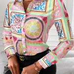 Women Fashion Wild Shirts Chain/Floral/Letter/Geometric Square Print Turn-Down Collar Long Sleeve Blouses