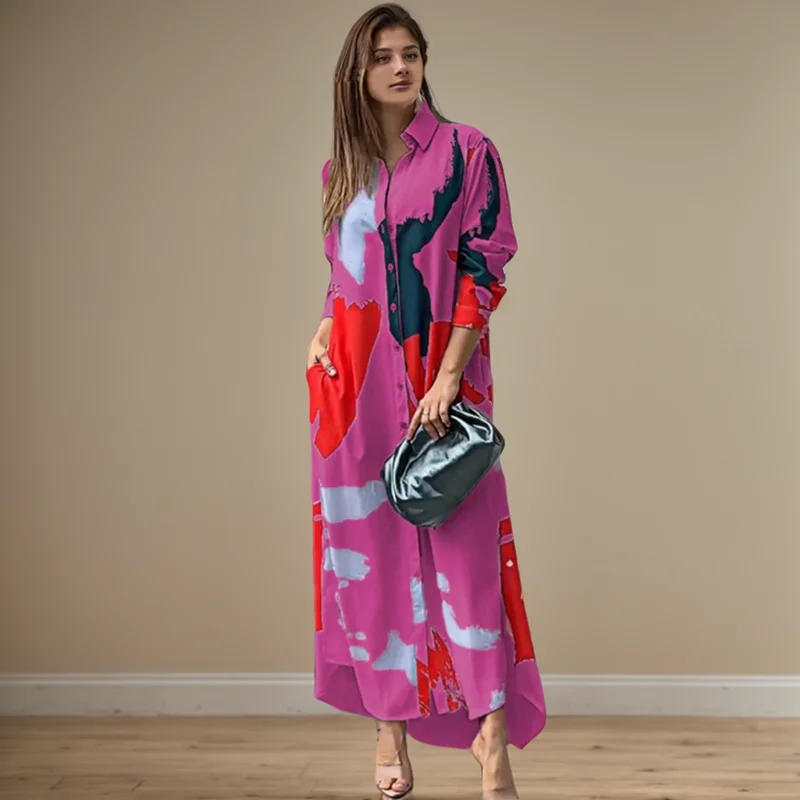 Fashion Sexy Side Split Turn Down Collar Shirt Long Dress Elegant Temperament Printed Long Sleeve Pocket Single Breasted Dress - Image 6