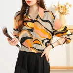 Spring Summer New Wave Pattern Single-Breasted Lapel Long Sleeve Blouse Shirt for Women Clothes Baju