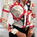 Women Fashion Wild Shirts Chain/Floral/Letter/Geometric Square Print Turn-Down Collar Long Sleeve Blouses