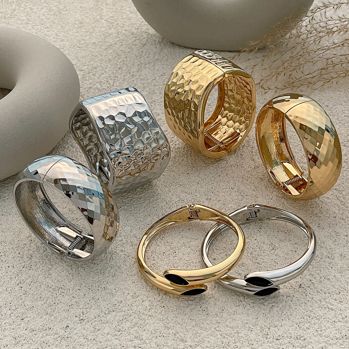 IngeSight.Z Geometric Irregular Chunky Heavy Metal Bangles for Women Retro Wave Shaped Spring Bracelet Punk Party Jewelry - Image 2