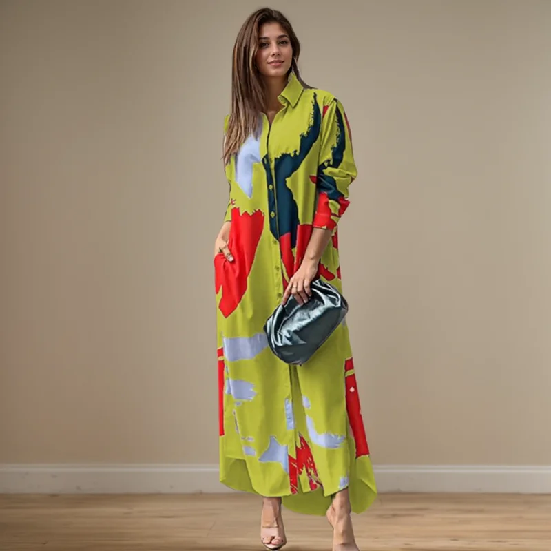 Fashion Sexy Side Split Turn Down Collar Shirt Long Dress Elegant Temperament Printed Long Sleeve Pocket Single Breasted Dress - Image 3