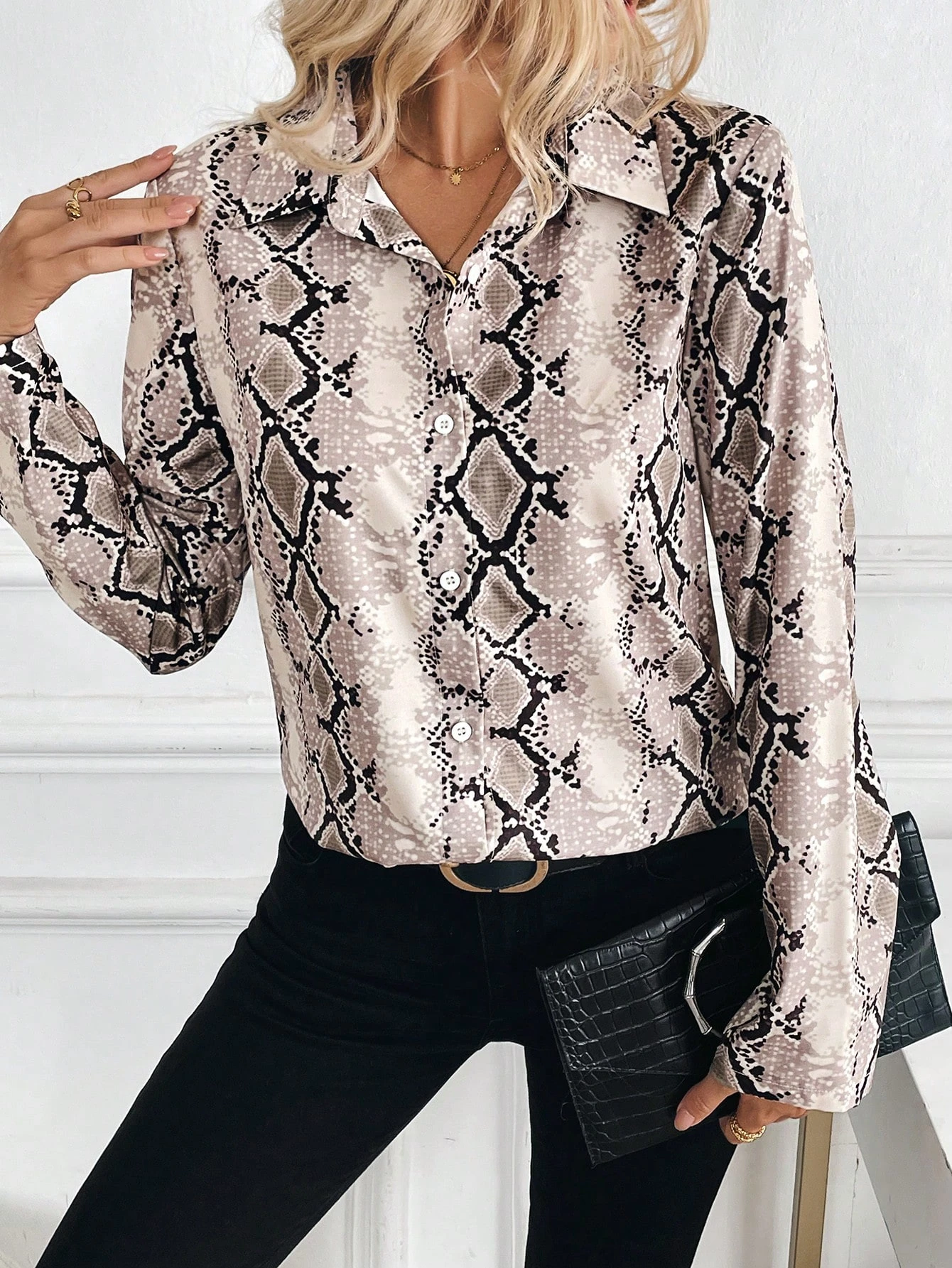 Women's Snakeskin Print Button Down Long Sleeve Shirt Elegant Leopard Print Fashion Casual Everyday Button Down Top - Image 3