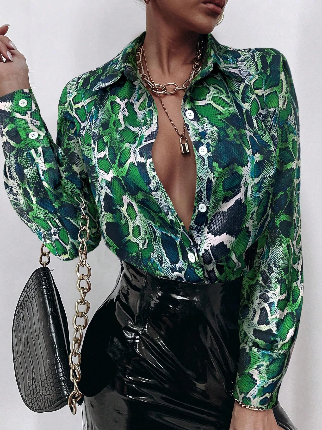 Women's Snakeskin Print Button Down Long Sleeve Shirt Elegant Leopard Print Fashion Casual Everyday Button Down Top