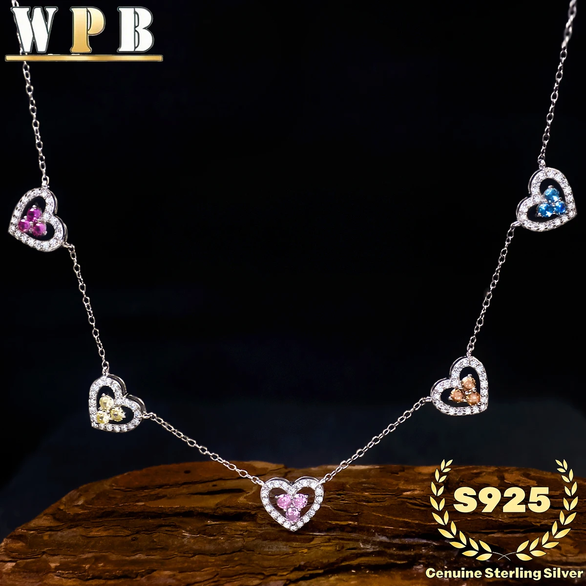 Genuine S925 Sterling Silver Necklace 5-Color Heart Pendants & Cubic Zirconia Luxury Jewelry Elegant Anniversary Gift for Women