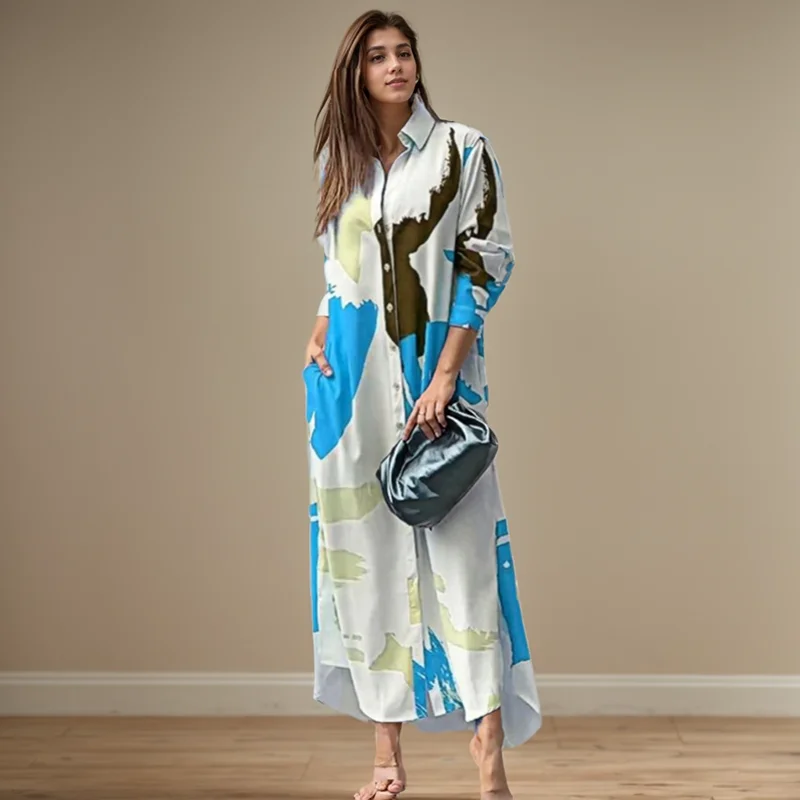 Fashion Sexy Side Split Turn Down Collar Shirt Long Dress Elegant Temperament Printed Long Sleeve Pocket Single Breasted Dress - Image 5